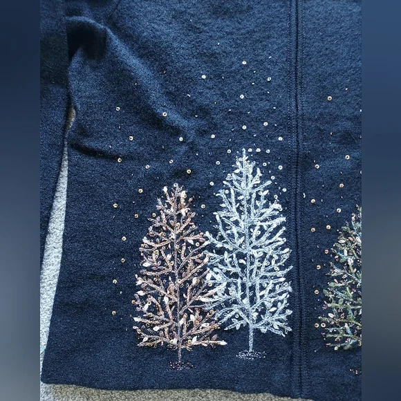 NWT Coldwater Creek XL Black Wool Cardigan Sweater Embellished Trees - Picture 5 of 16